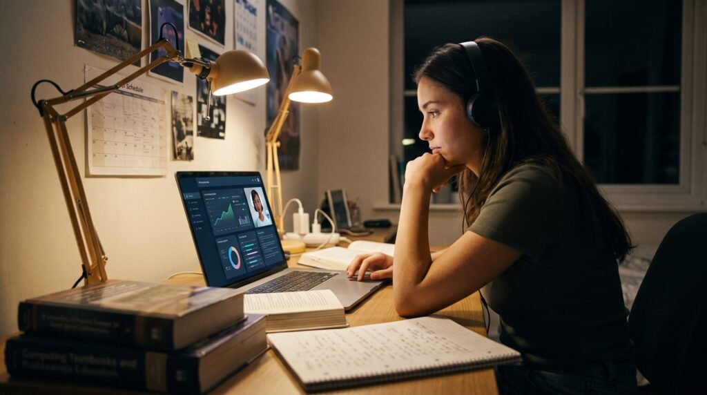 Student studying at night with an adaptive AI in education dashboard on her laptop.