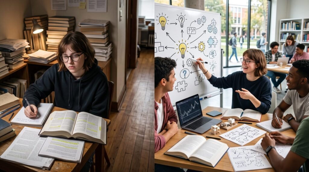 A student shifting from lonely rote memorization to collaborative critical thinking with AI in education tools.