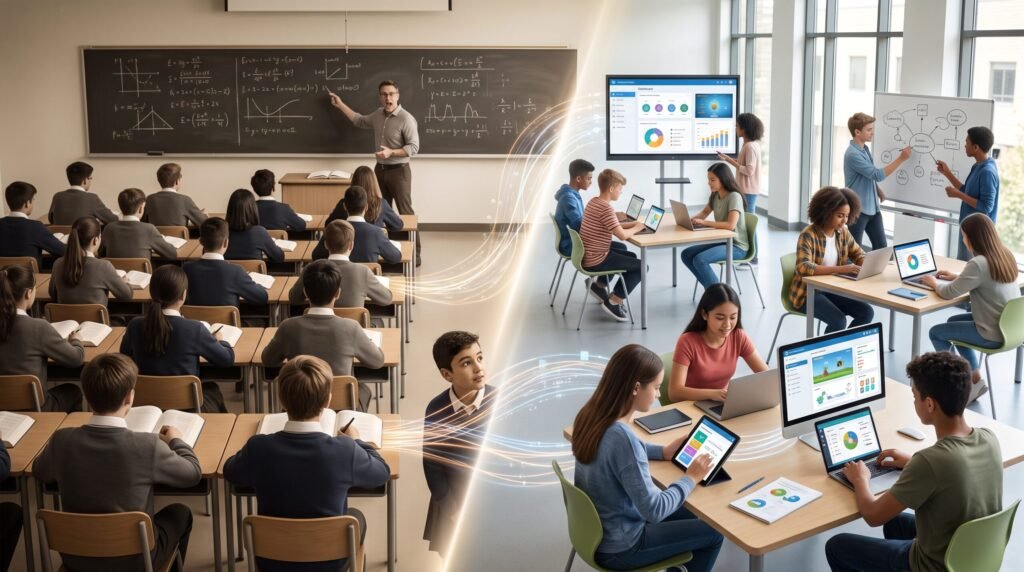 Traditional classroom versus modern adaptive learning powered by AI in education.