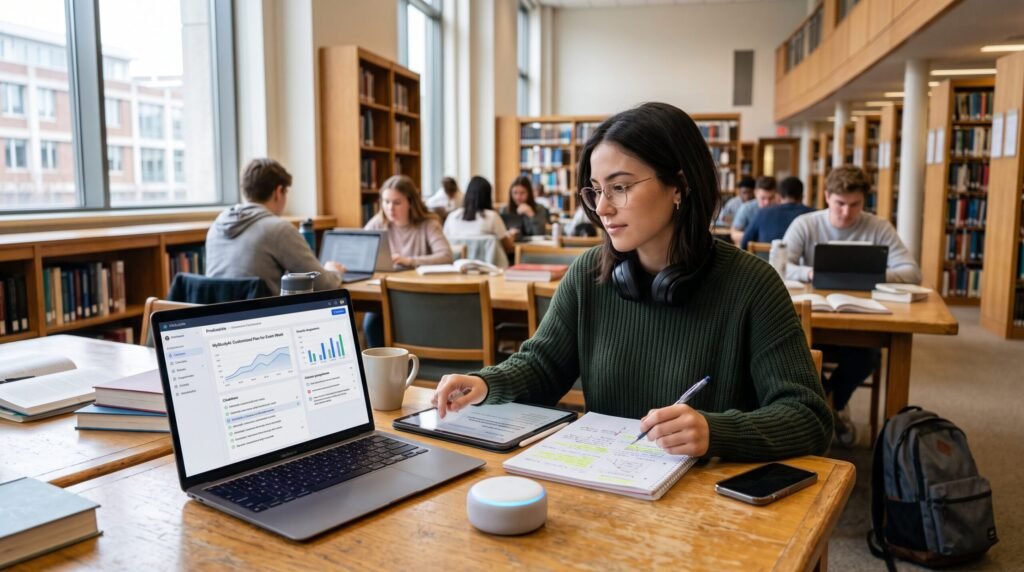 A student redesigning her study routine with a personalized AI in education dashboard.