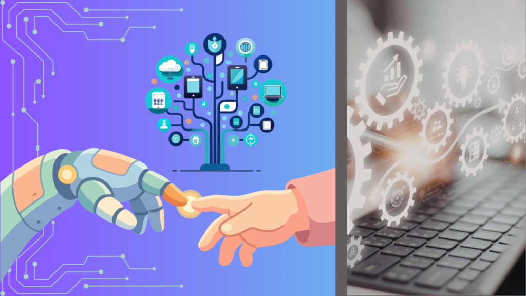 An split-screen graphic showing a robotic hand and human hand connecting beneath a digital tech tree next to a laptop with overlapping mechanical gears, illustrating how Human Oversight Should Be Designed Into the Workflow Generative AI Tools for Business Workflow Automation.