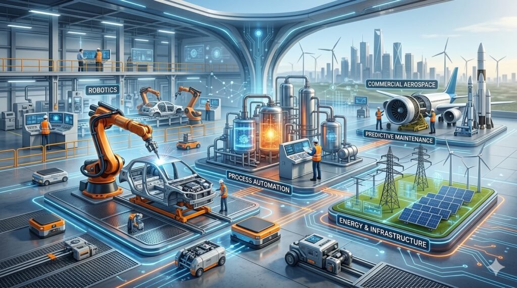 A smart factory landscape illustrating Artificial Intelligence Trends in heavy industry, including automated robotic assembly lines, predictive energy grids, and advanced process controls.