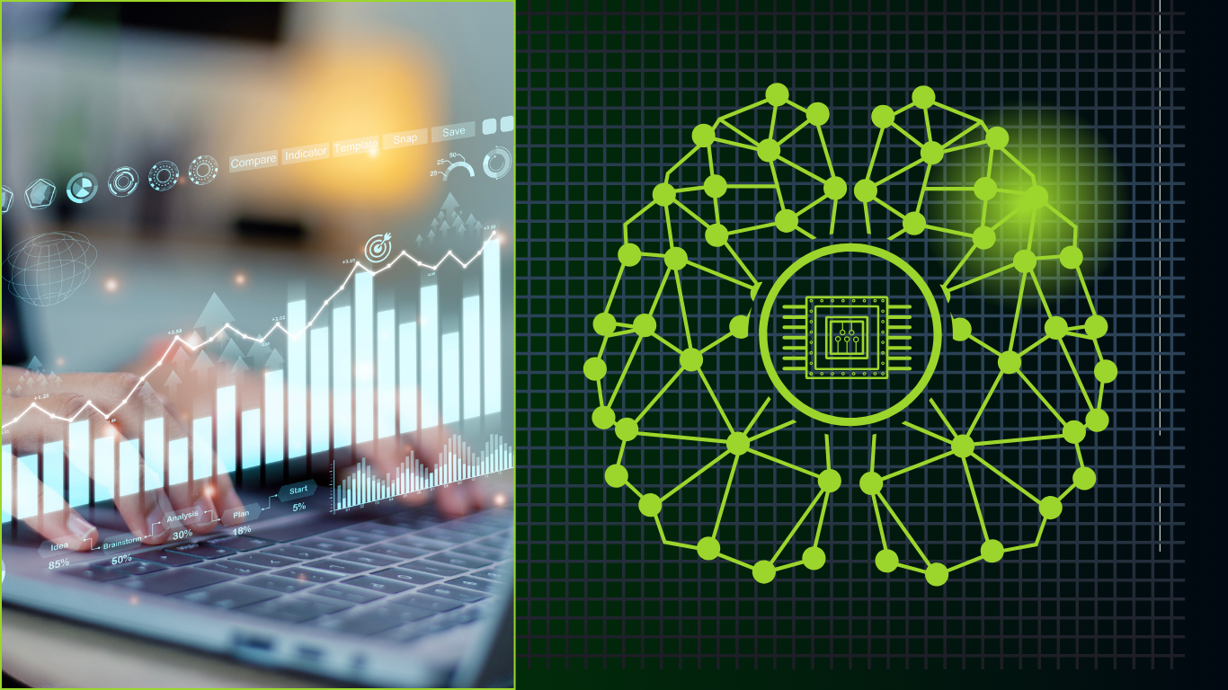 A split-screen visual showing a person analyzing data growth charts on a laptop alongside a digital green neural network brain diagram, perfect for machine learning tutorials.