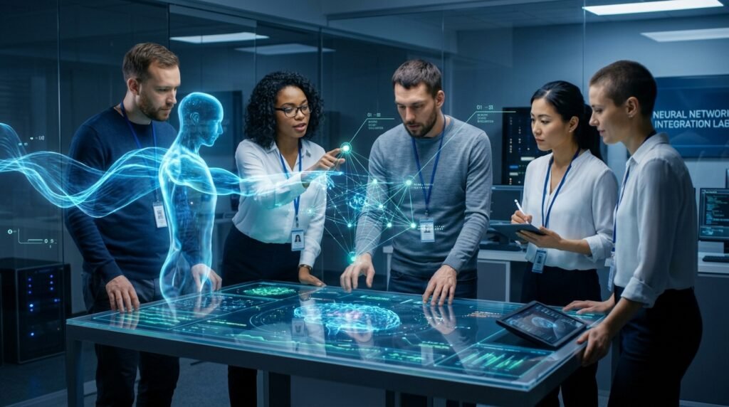 A conceptual illustration depicting seamless integration and synergy between professional workers and artificial intelligence tools to achieve corporate goals.