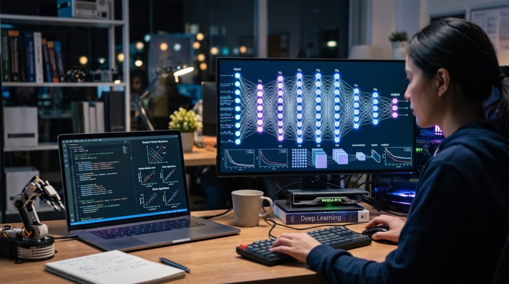 A software engineer studying multi-layered neural networks on a large monitor, progressing along her AI ROADMAP from basic algorithms to deep learning.