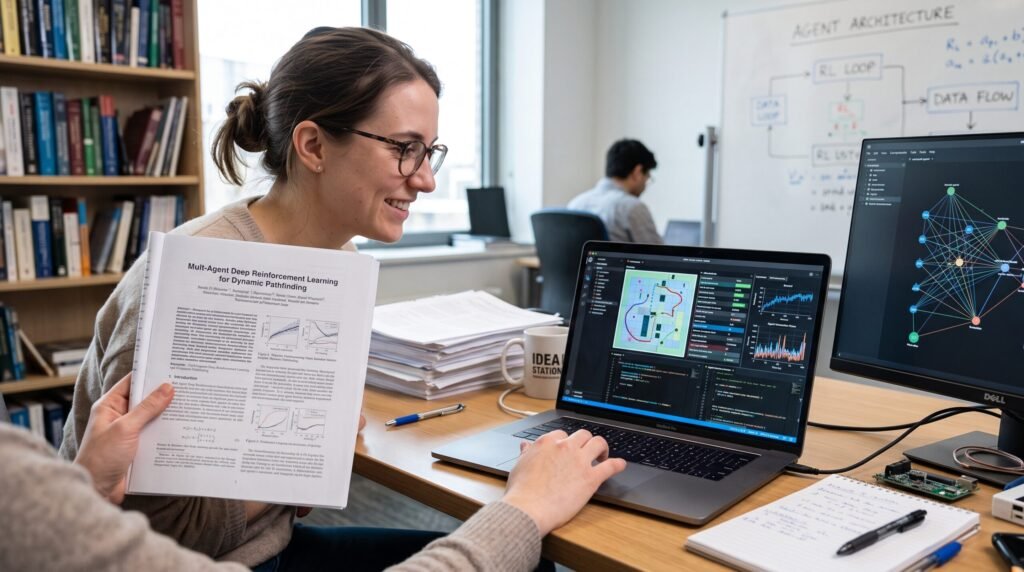 A researcher proudly holding a paper titled "Multi-Agent Deep Reinforcement Learning for Dynamic Pathfinding" next to a laptop displaying interactive agent simulations, highlighting AI Research 2026 Latest Breakthroughs.