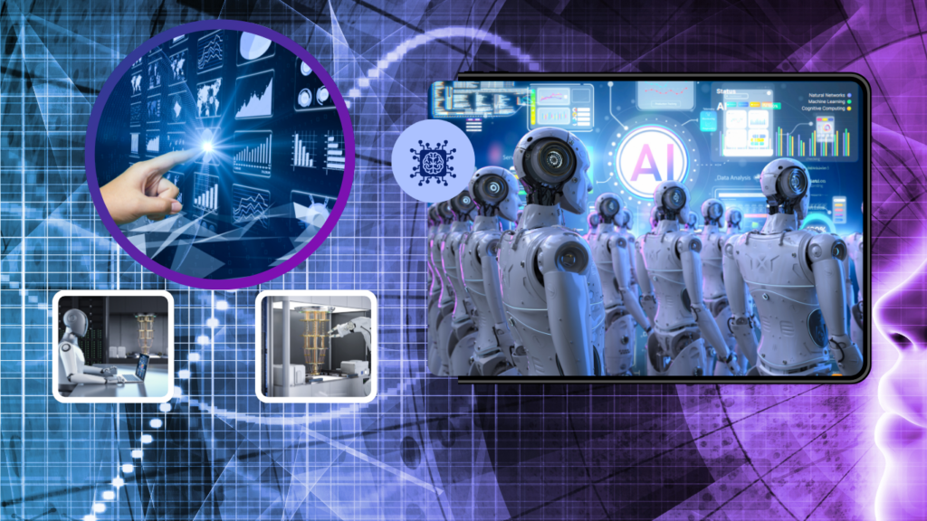 A digital concept art graphic highlighting predictive AI analytics, featuring a hand interacting with a data chart interface panel, small inset windows showing a humanoid robot at a computer workstation and a quantum computing lab setup, and a large tablet screen displaying a row of advanced robots facing an AI control dashboard with predictive data charts and machine learning status indicators against a glowing purple cybernetic background.