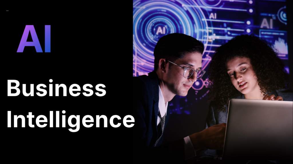 A professional presentation slide or website banner with a black background featuring a large text layout reading "AI Business Intelligence" in purple and white lettering, paired alongside an image of a man and a woman collaborating over a laptop in a dimly lit office while reviewing complex predictive AI analytics data visualizations displayed on ambient background screens.