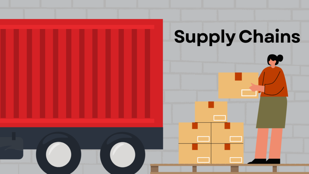 A flat vector illustration representing the optimization of global logistics through predictive AI analytics in supply chains, showing the rear side of a red delivery cargo truck parked next to a warehouse worker stacking cardboard boxes on a wooden shipping pallet beneath the text header "Supply Chains."