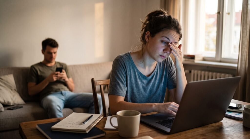 A tired student rubbing her eyes from screen fatigue while using AI in education tools.