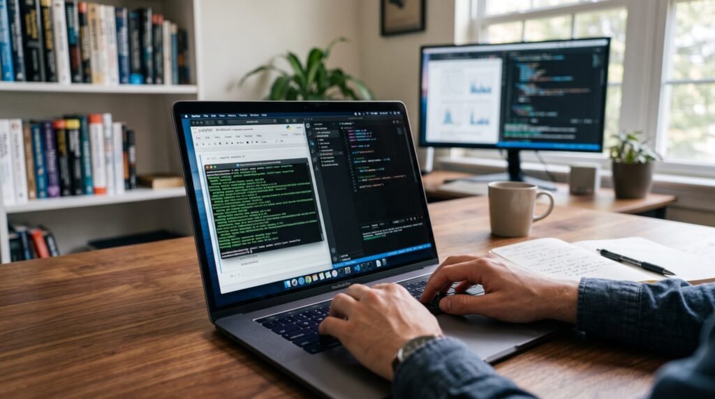 A developer typing on a MacBook Pro laptop to configure a Jupyter Notebook environment, an essential setup step highlighted in machine learning tutorials.