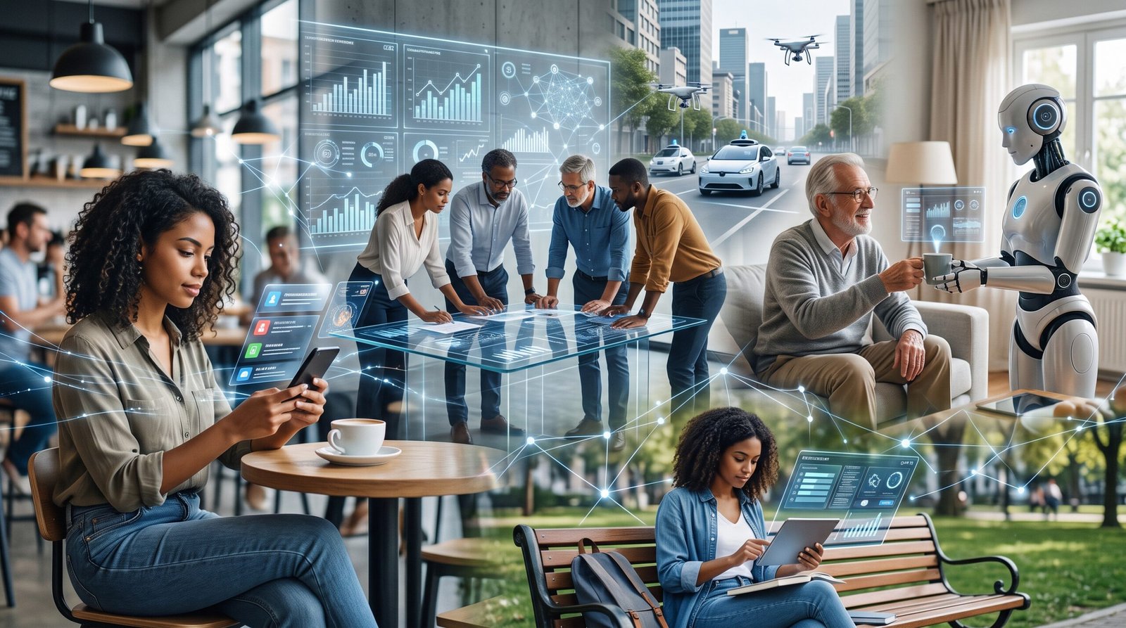 A conceptual collage illustrating the Sociological Impact of AI on Modern Life, featuring people interacting with data overlays in a cafe, a business meeting around a digital table, autonomous vehicles on city streets, and a robot serving an elderly man.