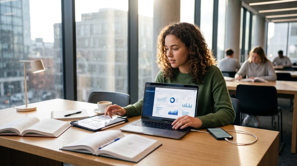 A student optimizing her academic workflow with analytics dashboards and AI in education software.