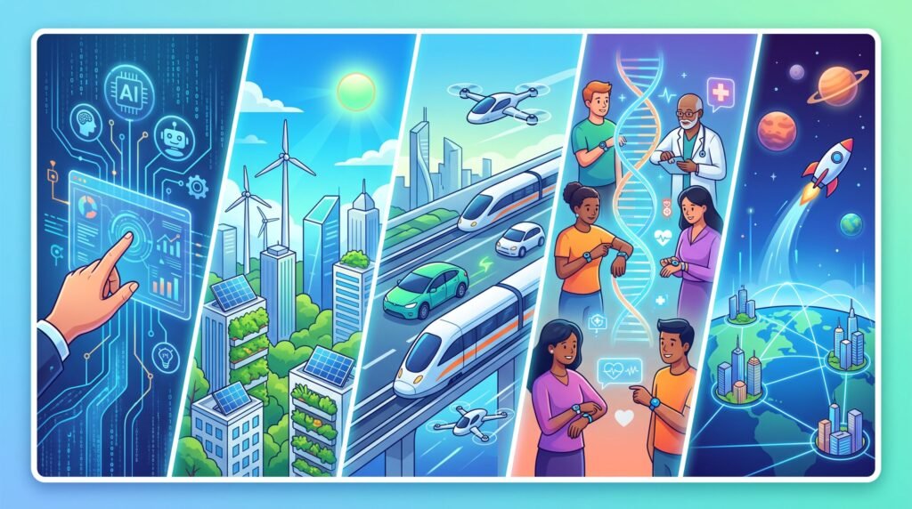 A colorful graphic showcasing five major technological shifts, including digital tech and AI in education applications.