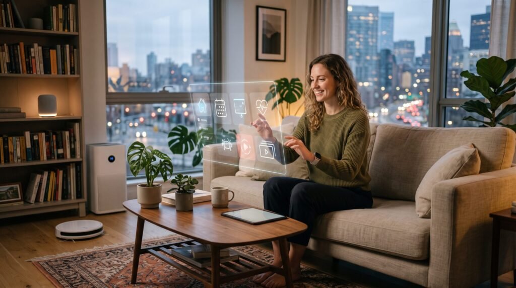 A woman sitting on a living room sofa interacts with a floating digital smart home interface, demonstrating the future of AI and modern human lifestyle inside an urban apartment.