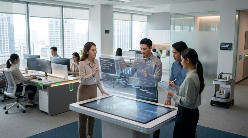 A group of business professionals standing around a futuristic touch-table terminal, collaborating on an interactive holographic interface showing financial market data in a modern office.