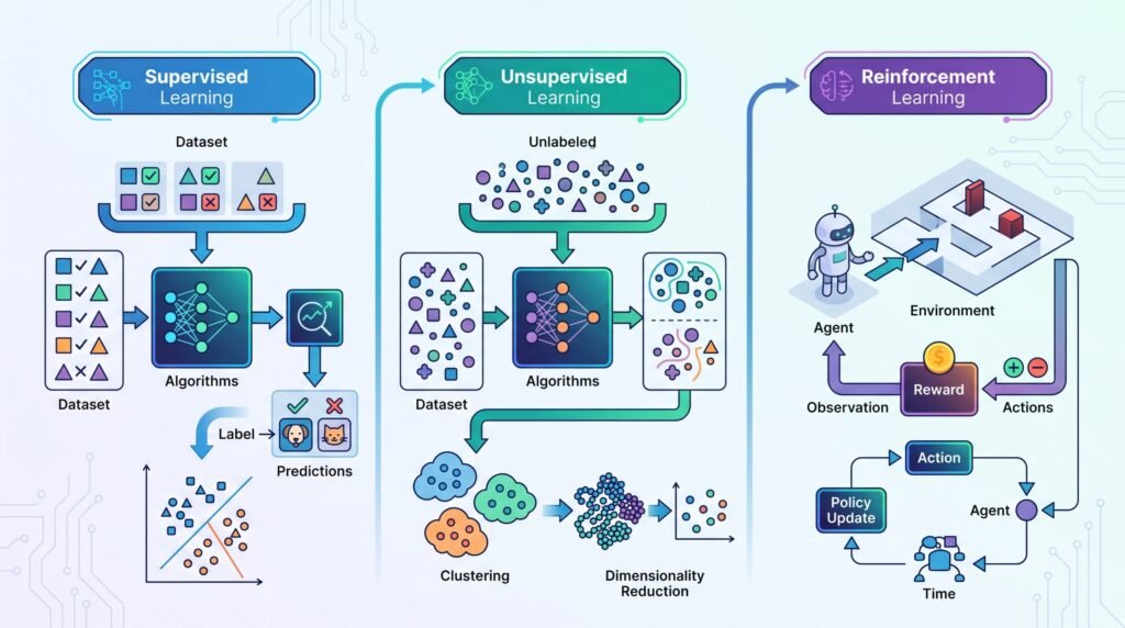 A comprehensive infographic for machine learning tutorials breaking down the three primary paradigms: Supervised Learning, Unsupervised Learning, and Reinforcement Learning with visual diagrams.