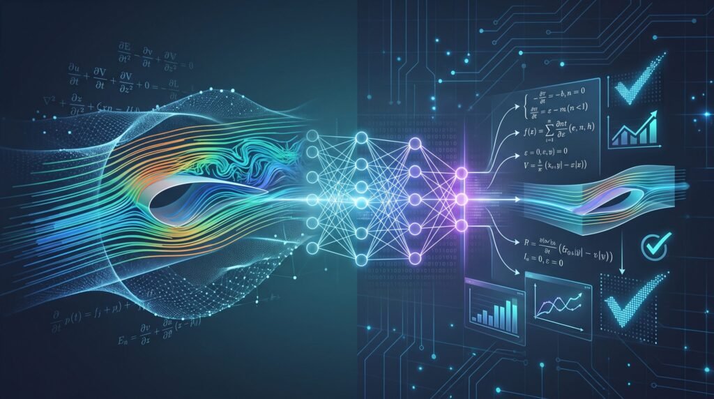 A conceptual blueprint mapping fluid dynamics simulations and the Navier-Stokes equation through a neural network into verified mathematical proofs, highlighting AI Research 2026 Latest Breakthroughs.