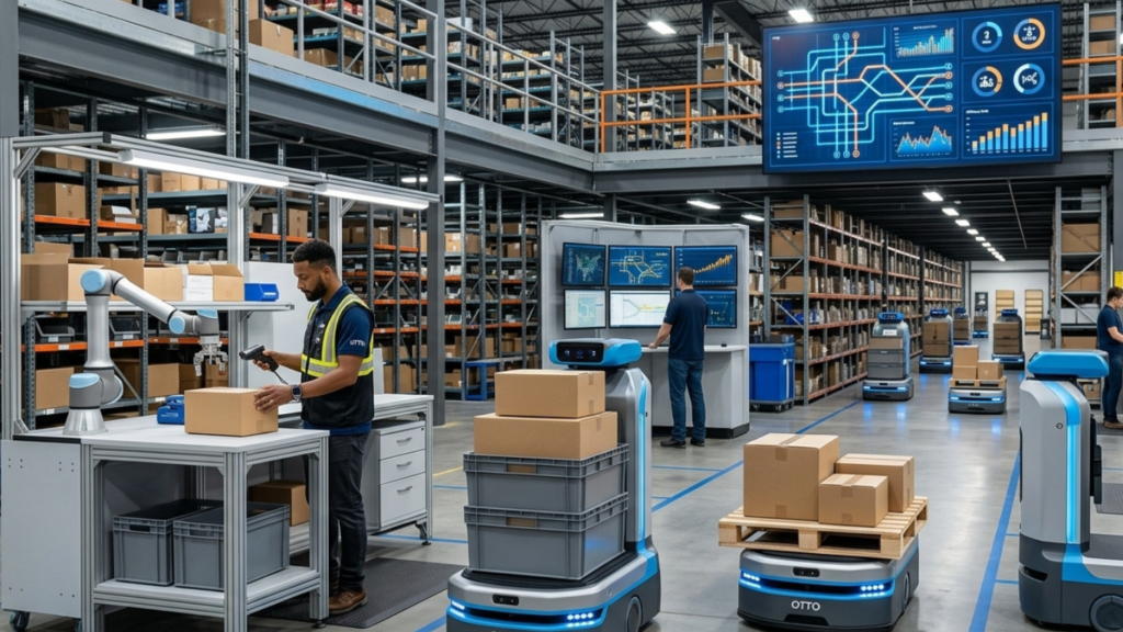 An active fulfillment floor demonstrating the real ROI of autonomous mobile robots, featuring OTTO branded self-driving carts moving inventory alongside human workers scanning packages and monitoring centralized digital data screens.