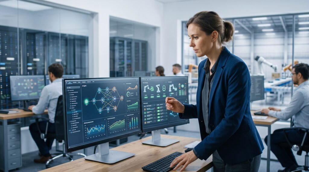 A female engineer using AI automation to monitor data graphs and neural network diagrams on dual computer screens in a modern tech facility.