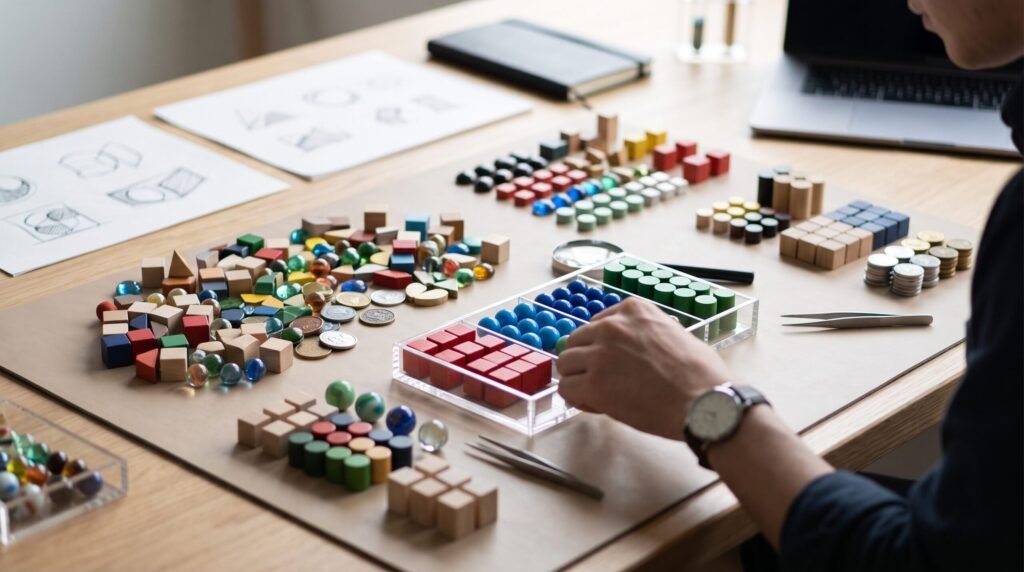 A data scientist organizing physical blocks, marbles, and coins into sorted categories to map out a clear AI ROADMAP for model training.