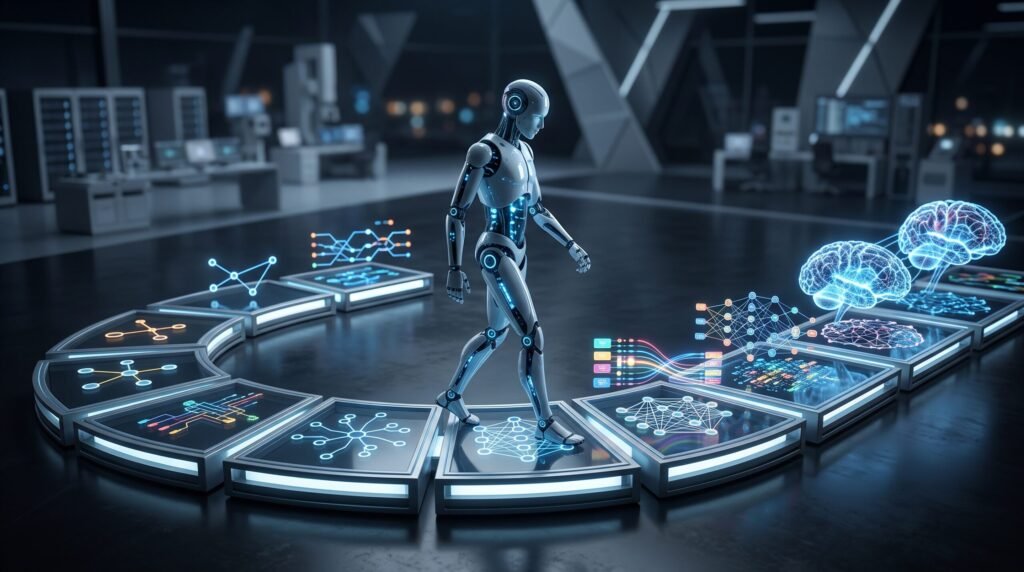 A futuristic humanoid robot walking along a glowing AI ROADMAP path consisting of digital nodes and neural network displays.
