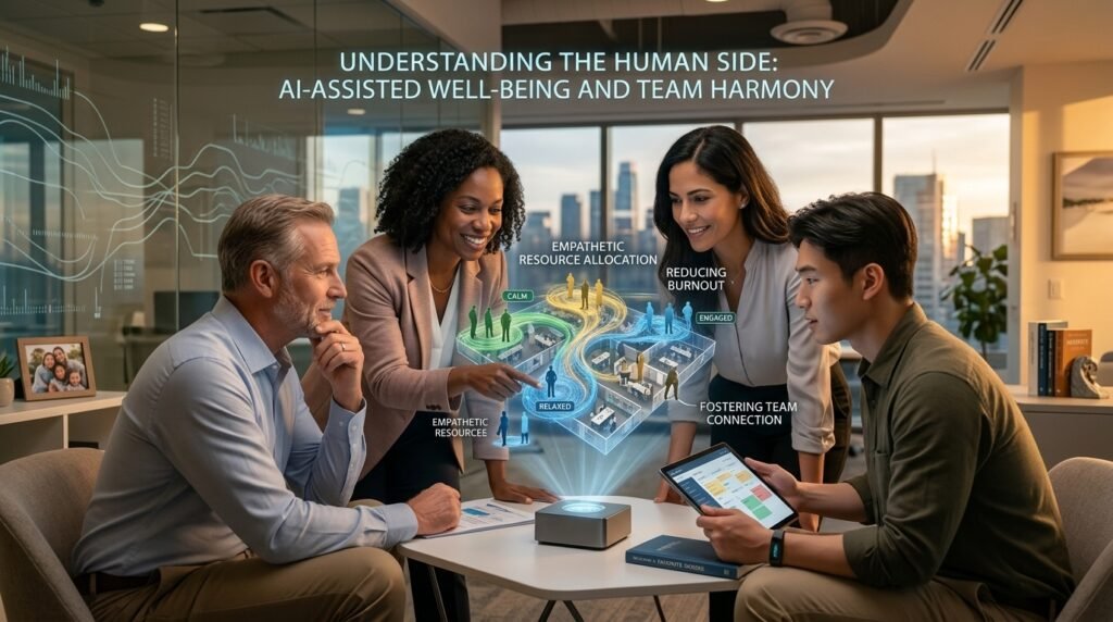 A group of four diverse professionals gathers around a table in a high-rise office at sunset, viewing a 3D hologram projected from a small device. The holographic display visualizes office dynamics with color-coded paths and emotional labels like "Calm," "Relaxed," and "Engaged."