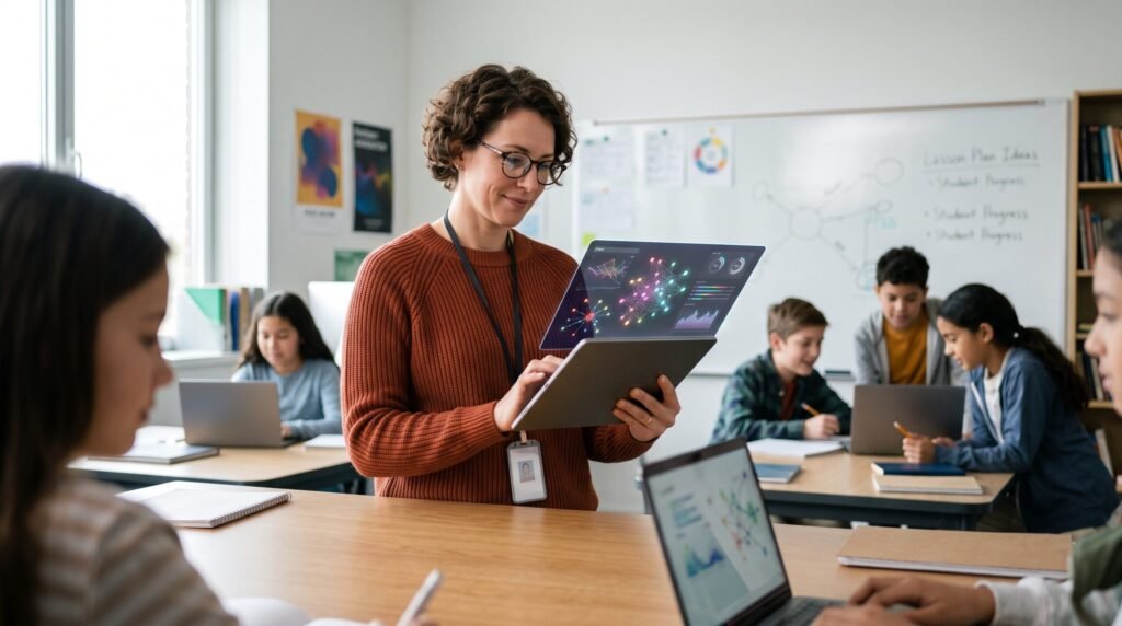 A teacher using a tablet with a holographic analytics dashboard to track student progress via AI in education.