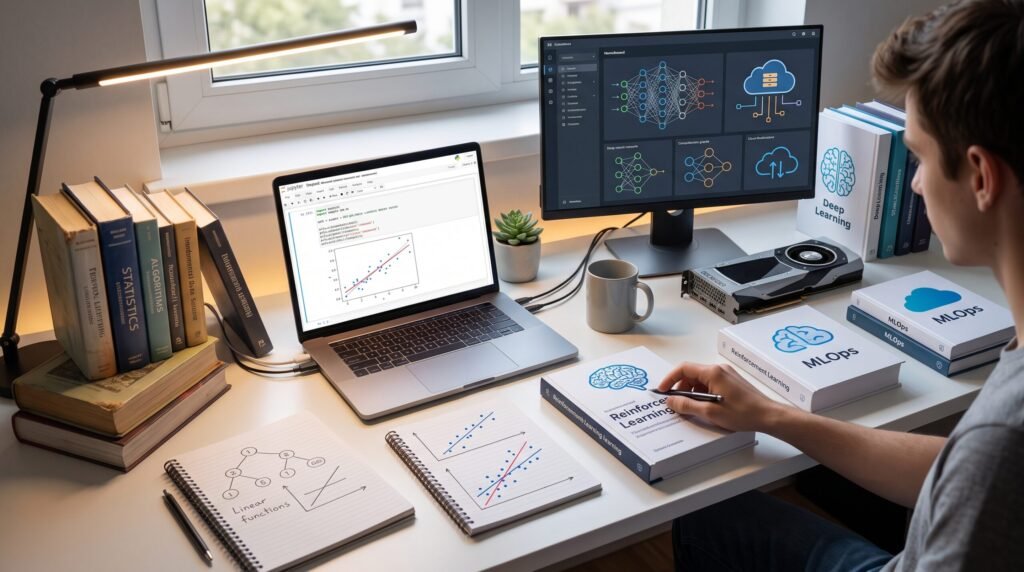 A student studying deep learning and MLOps text books at a desk with code graphs, a perfect visual for advanced machine learning tutorials.