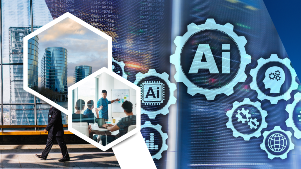 A business and technology collage focusing on What Businesses Should Look For in Enterprise AI Tools, featuring hexagonal cutouts of corporate skyscrapers and a team meeting alongside digital graphics of interconnected gears labeled with "AI," demonstrating Generative AI Tools for Business Workflow Automation.