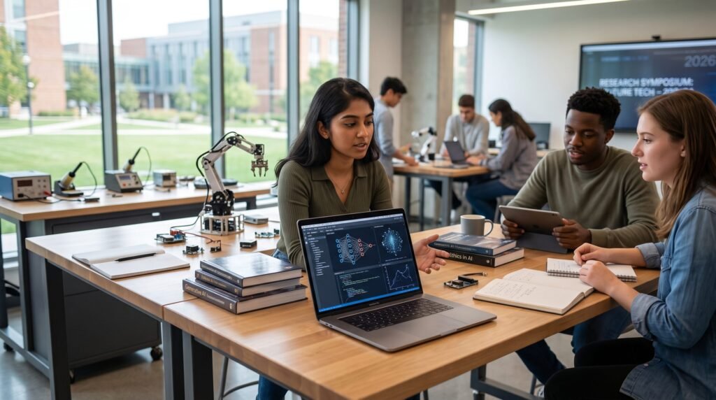 Engineering students collaborating around a laptop showcasing neural network data visualizations, representing AI Research 2026 Latest Breakthroughs in modern education.
