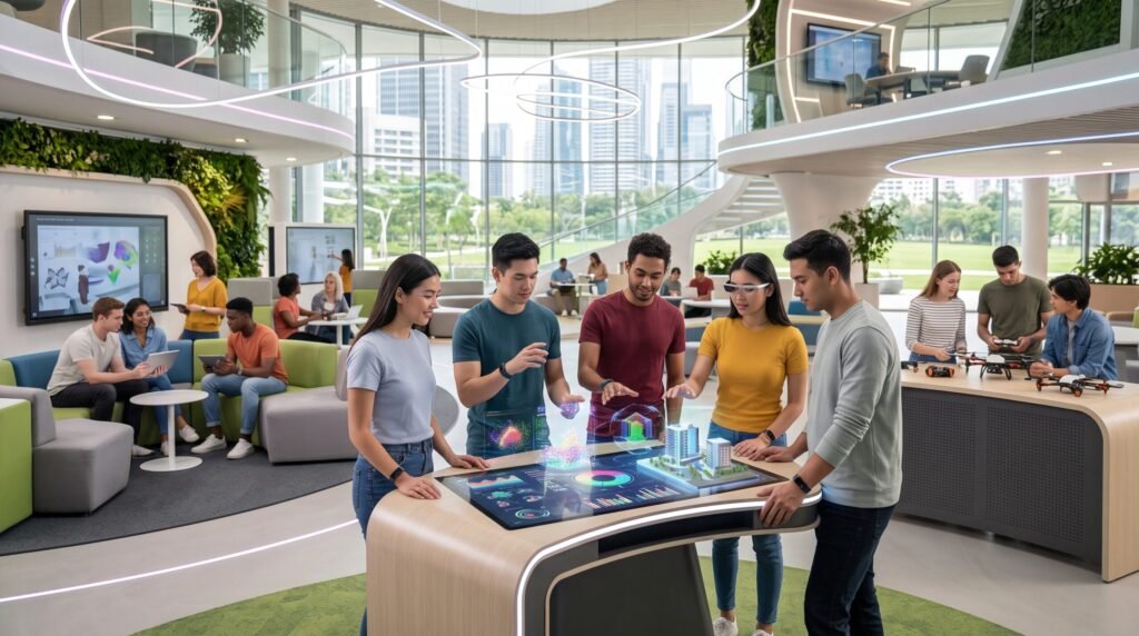 Students collaborating around an interactive smart table using AI in education tools to project 3D models.