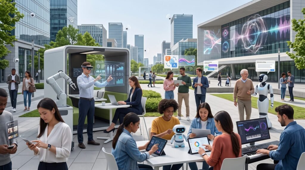 A futuristic outdoor plaza showcasing the sociological impact of AI through people collaborating with smart robots, using AR headsets in work pods, and operating digital tablets alongside advanced technology.