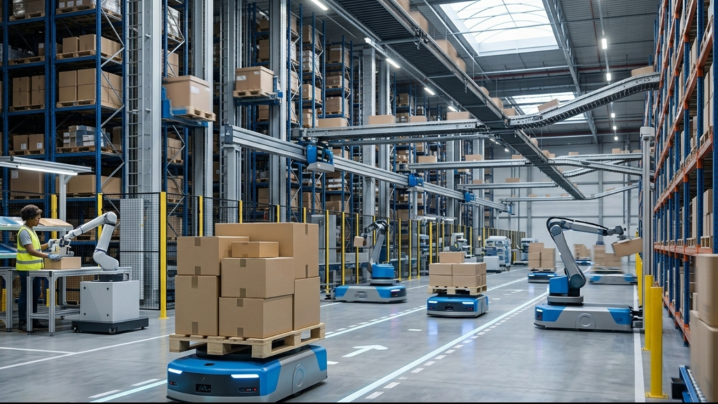 An automated fulfillment center demonstrating why warehouse movement is such an important automation target, featuring a fleet of blue autonomous mobile robots (AMRs) transporting stacked cardboard boxes alongside robotic arms and a human worker.