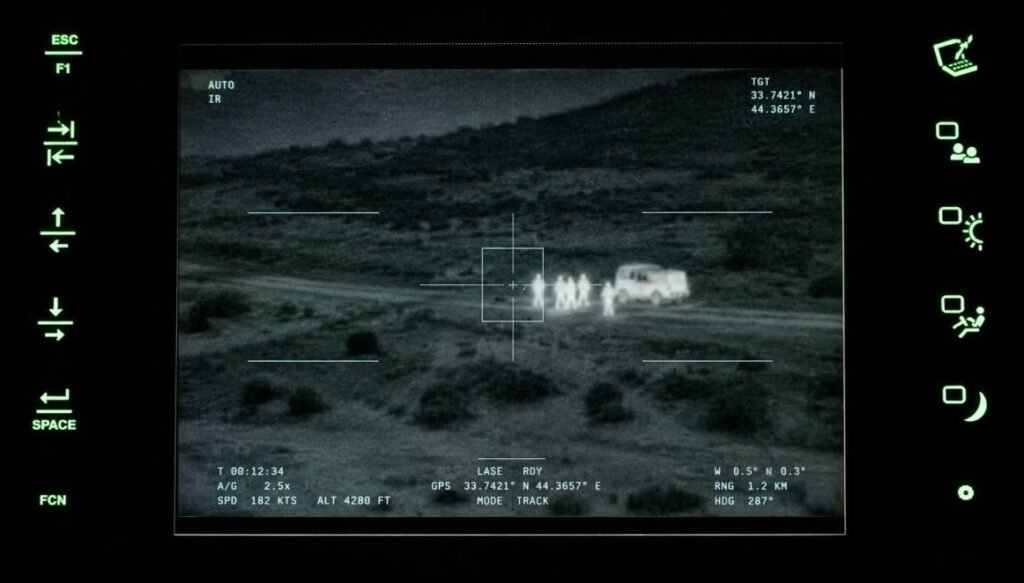 Military AI targeting interface tracking people next to a vehicle at night