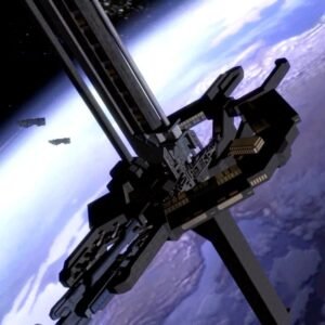 Space defense orbital platform tethered above planet